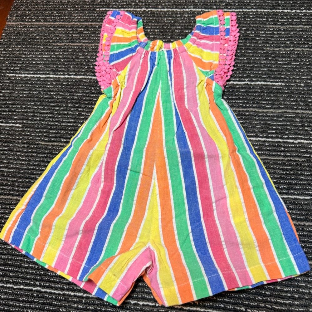 JoJo Maman Bebe Romper 3-6M NWOT Rainbow Stripe Pom Pom Cotton
